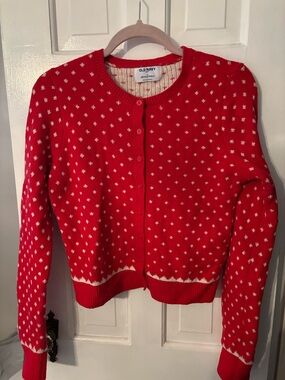 Festive Old Navy Red Crewneck Button-Front Cardigan with White Dot Pattern